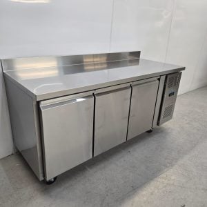 New B Grade Polar Stainless Triple Door Counter Fridge with Upstand 417 Litre UA065